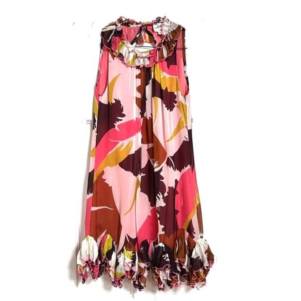 Milly of New York Silk Bold Botanical Print Ruffled Hem Dress 4 - Picture 2 of 10